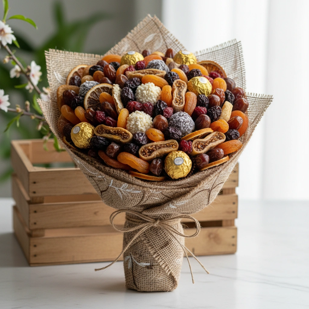 זר מתוק לטו בשבט: שילוב מנצח של פירות יבשים ושוקולד