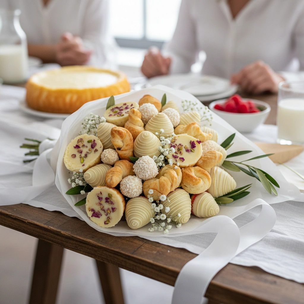 זר מתוק לשבועות: חגיגה של שוקולד לבן ומתוקים חלביים