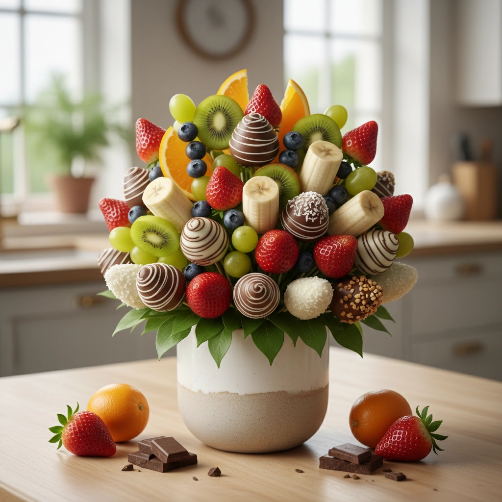 שילוב של פירות טריים וטבולים בשוקולד בזר מתוק